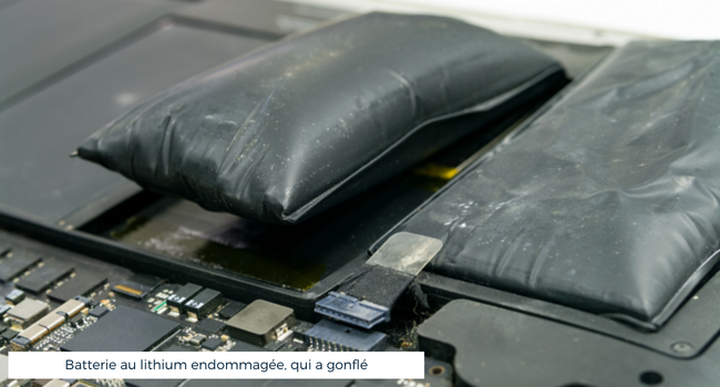 Batterie au lithium endommagée, qui a gonflé